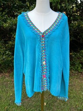 J Two New York Torquiose Blue Chenille Cardigan Colorful Accents XL Vtg 1990s